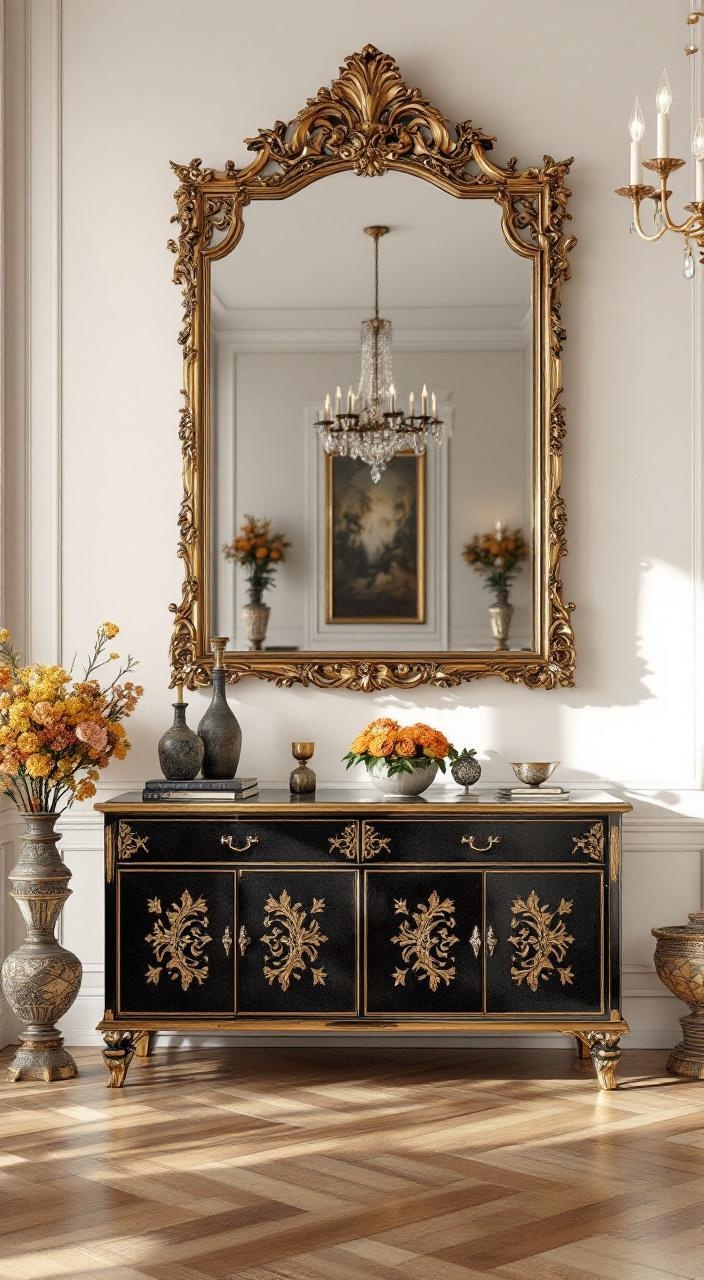 Ornate gilded mirrors enhance space and light, adding glamour to castlecore decor in entryways or rooms.