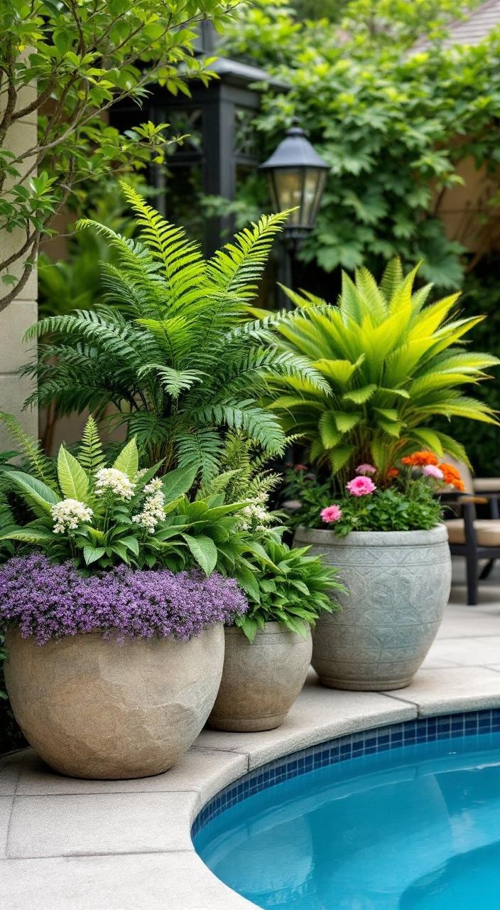 Stone planters enhance poolside elegance with vibrant blooms, creating a luxurious outdoor ambiance.