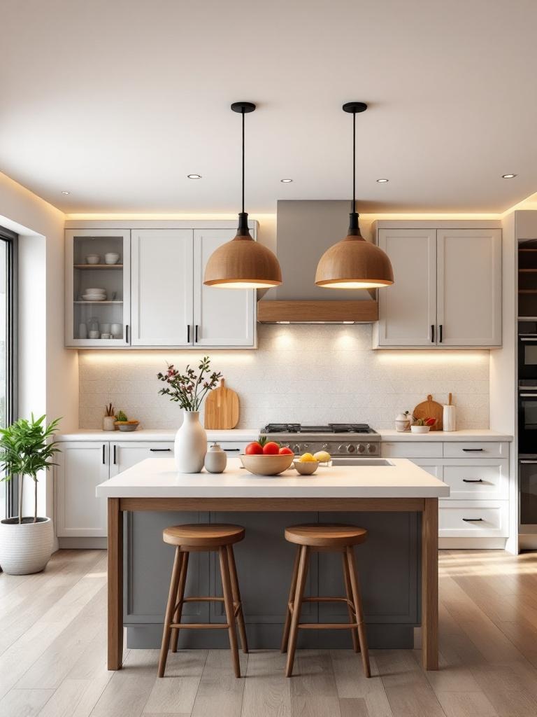 Bright white and wood kitchen illuminated by stylish pendant lights and a modern chandelier, creating warmth.