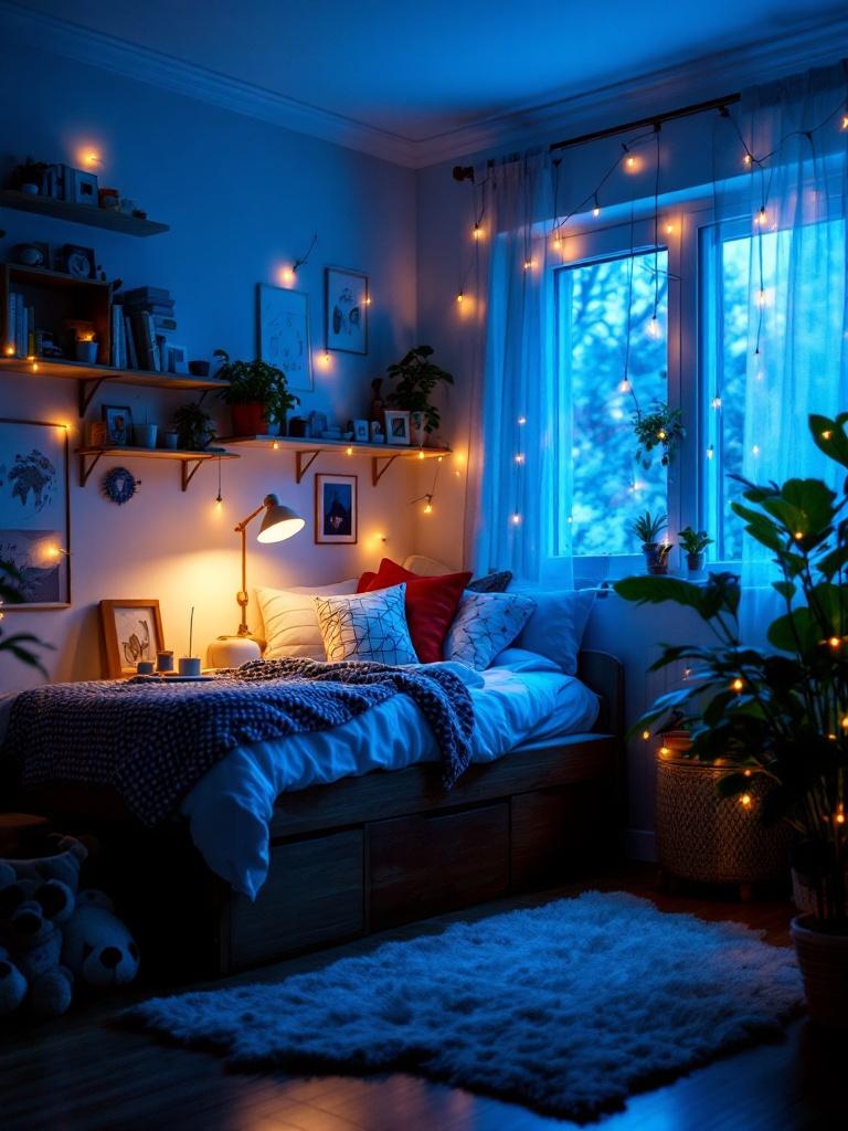 Cozy dorm room with soft lighting from fairy lights, desk lamps, and string lights for a warm ambiance.