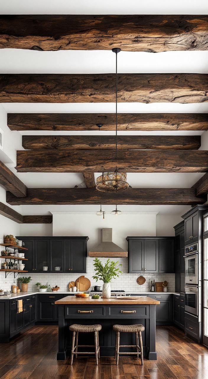 Rustic kitchen featuring exposed dark wooden beams and light walls for a balanced, inviting design.