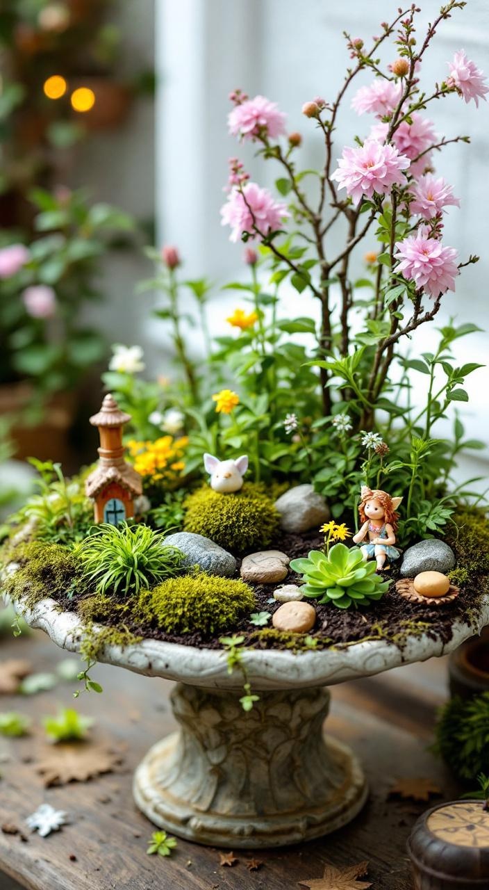 A whimsical fairy garden planter with miniature plants, moss, figurines, and decorations in a bowl.