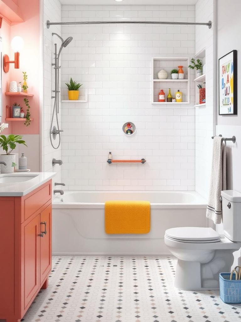 Family-friendly bathroom with tub shower combo, slip-resistant flooring, and colorful fixtures for kids.