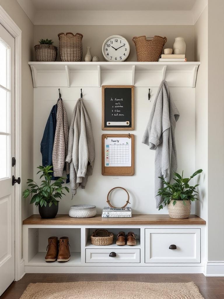 A child-friendly split-level entryway with hooks, bench storage, calendar, and family bulletin board.
