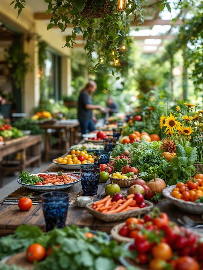 Long communal tables filled with fresh fruits, vegetables, and herbs showcasing a farm-to-table feast.
