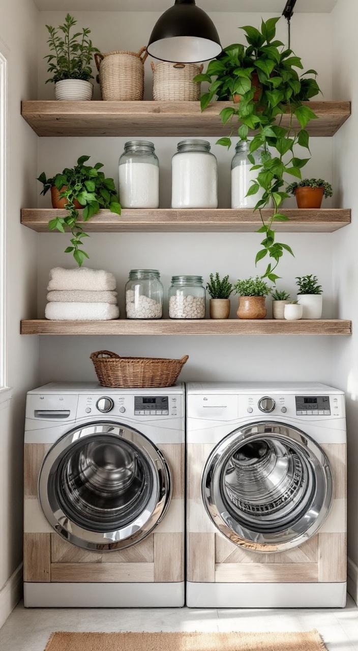 Wooden distressed shelves in a rustic laundry room displaying glass jars and plants for a natural touch.