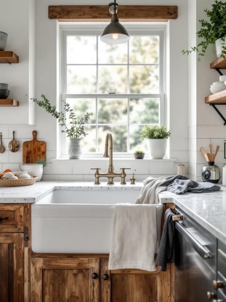 A modern farmhouse kitchen featuring a deep apron-front sink and vintage-style faucet, showcasing rustic charm.