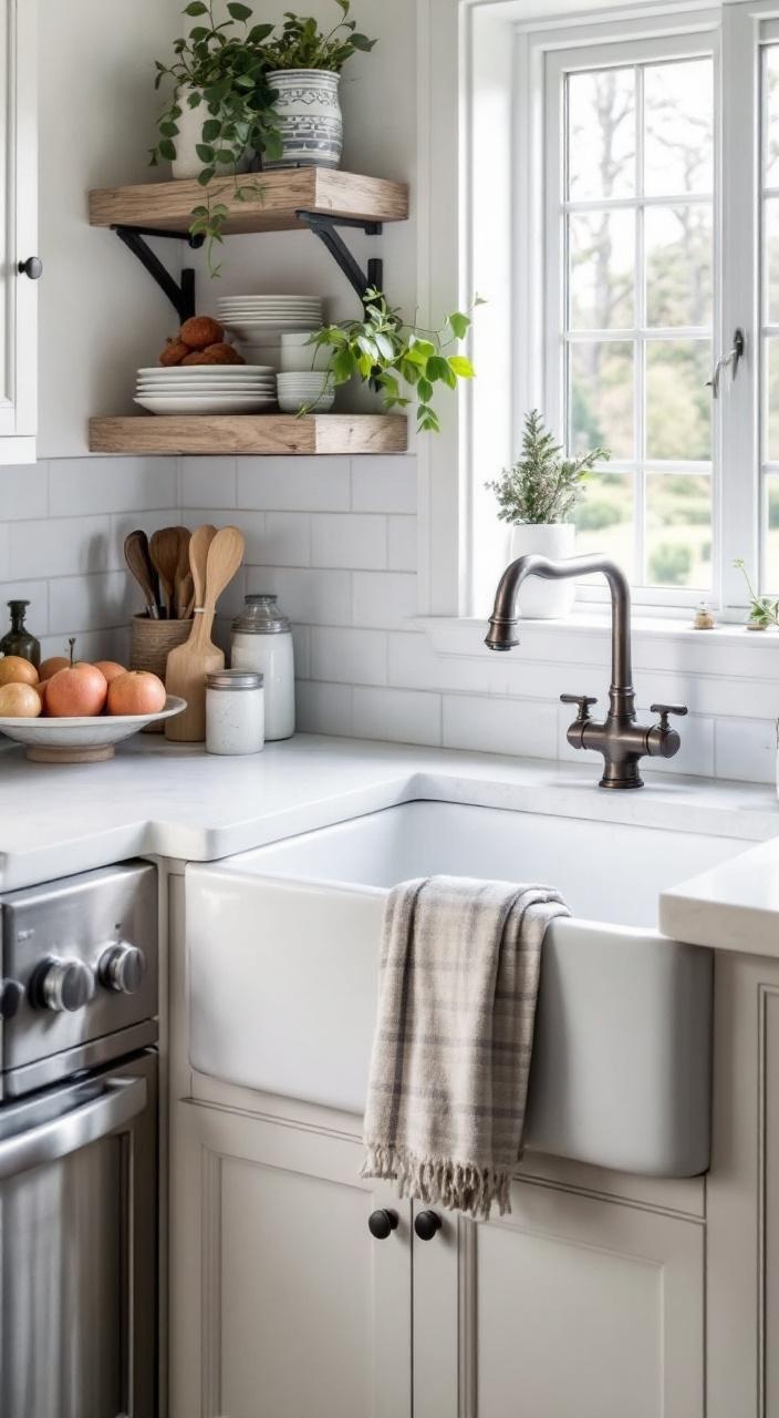 Farmhouse sink with vintage faucet in a rustic kitchen, blending functionality and charm perfectly.
