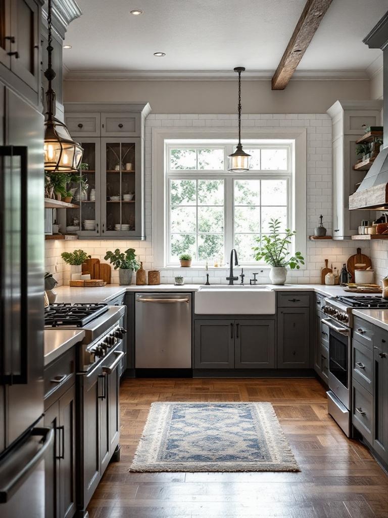 Modern farmhouse kitchen with rustic lighting, featuring wrought iron chandeliers and vintage pendants.
