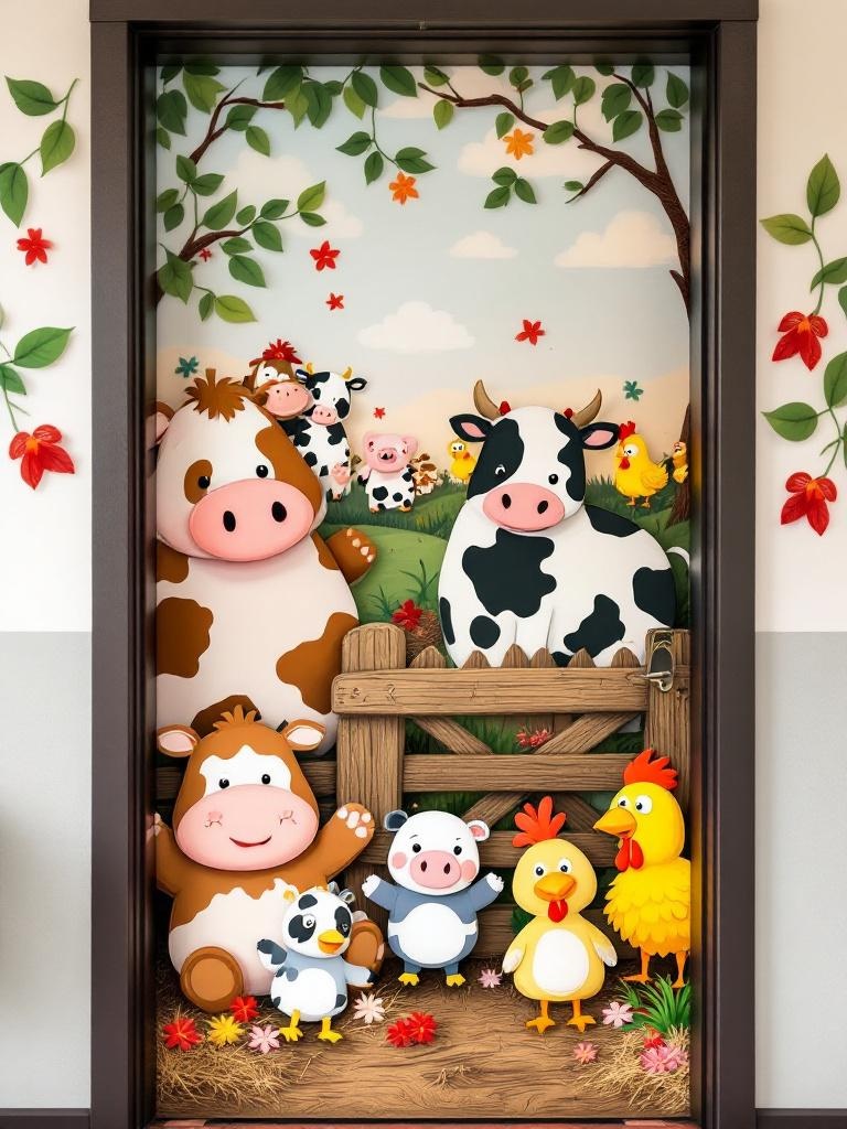 Farmyard door decoration with cows, pigs, chickens, and plaid patterns; kids' animal puppets displayed.