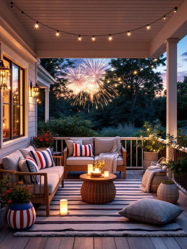 A festive porch setup with seating and decorations for enjoying fireworks on Independence Day.