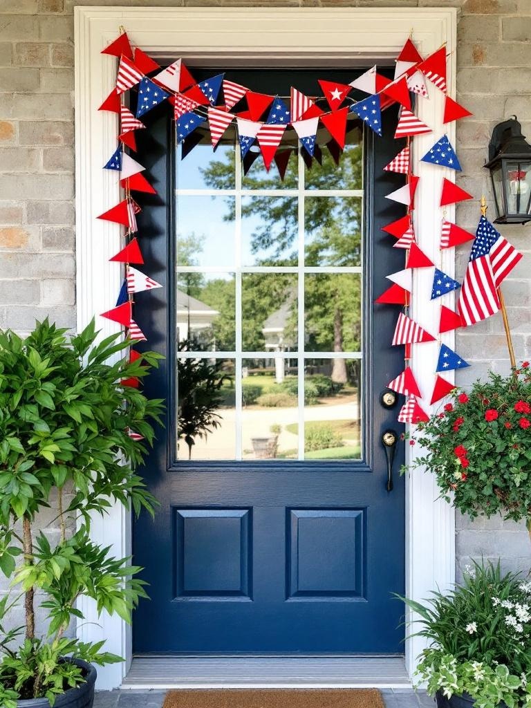 Festive flag banners hang on a front door, showcasing patriotism with mini flags and DIY decorations.