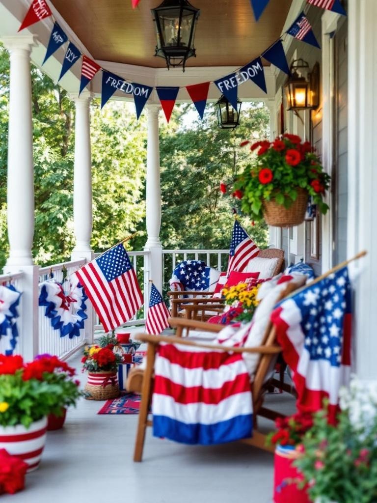 A patriotic porch decorated with various American flags and banners celebrating the Fourth of July.