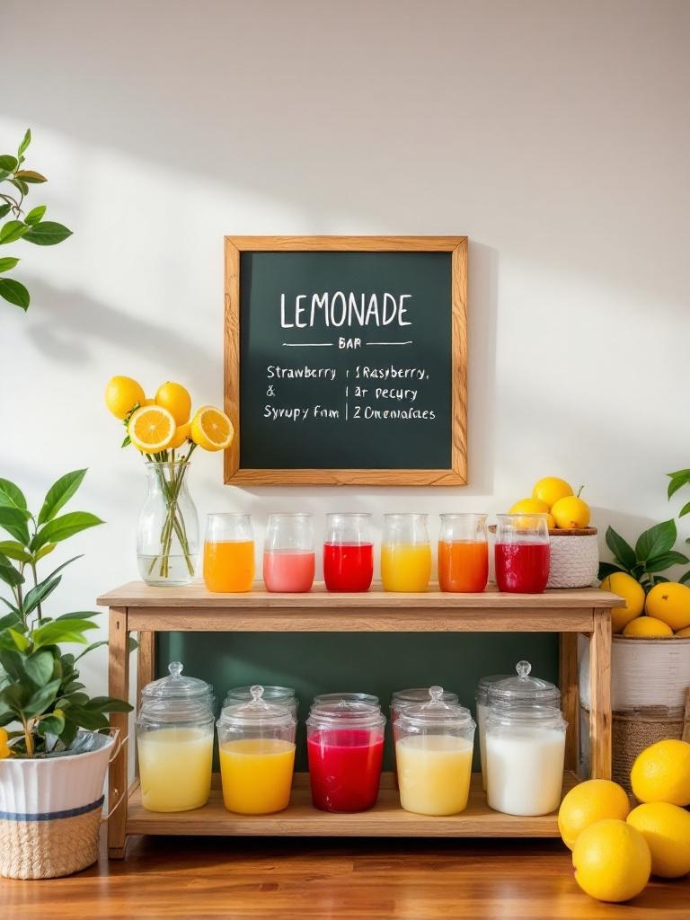 A lemonade bar with flavored purees, syrups, and clear containers for custom drink mixing.