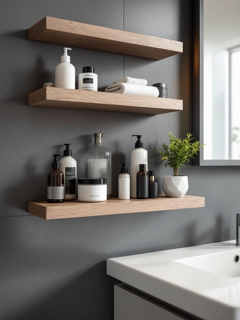 Floating vanity shelves near a basin, offering practical storage for toiletries and enhancing decor.