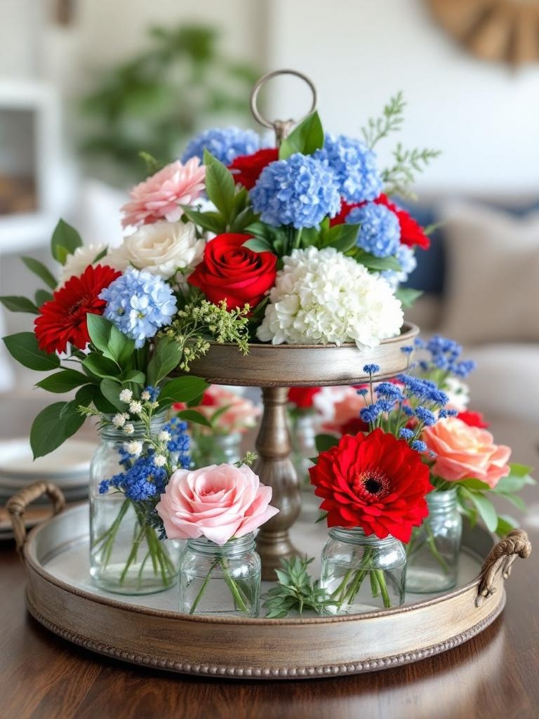 Tiered tray decorated with red, white, and blue flowers in small vases, adding vibrant decor.