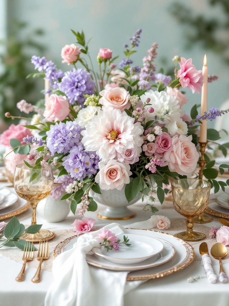 A romantic tablescape featuring colorful summer flowers, vintage china, and delicate glassware.