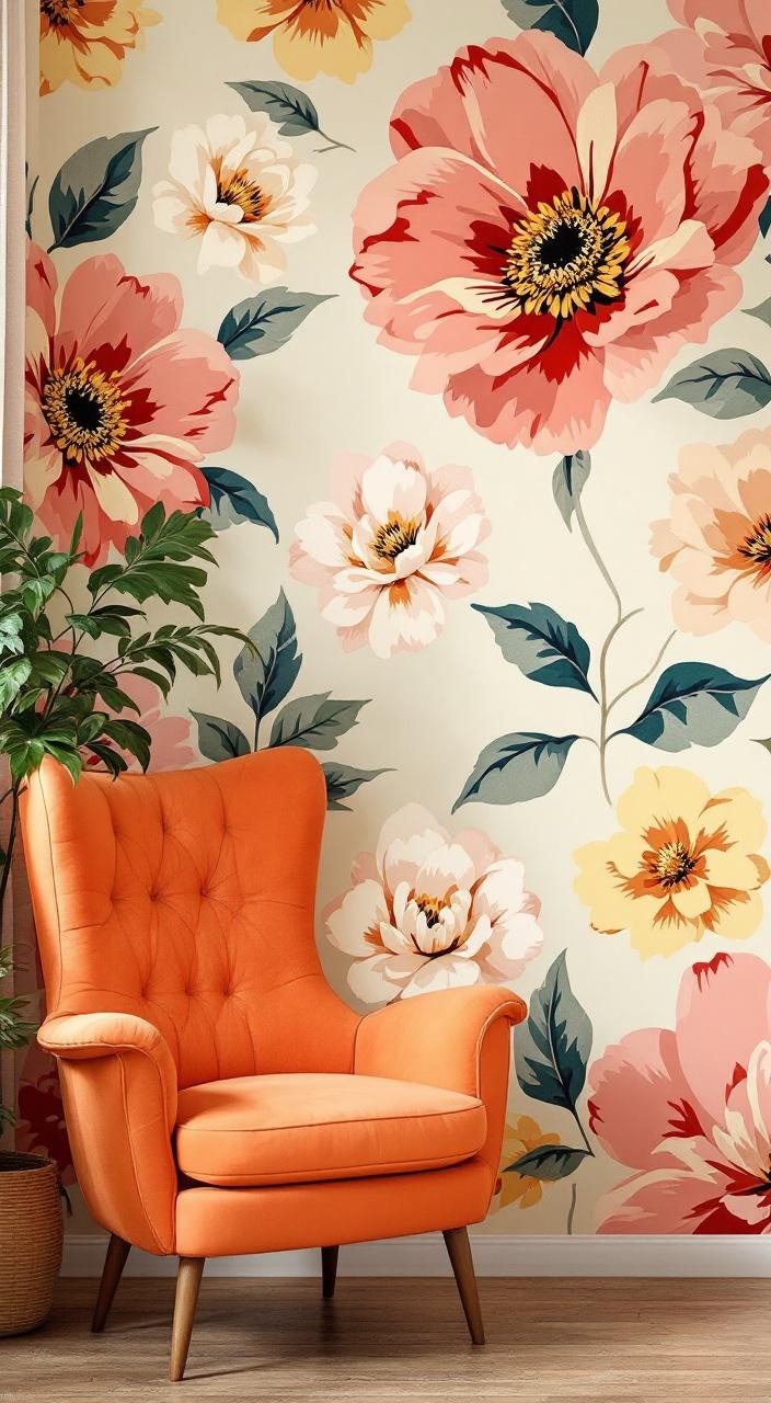 Vibrant retro floral wallpaper with oversized flowers and pastel backgrounds in a stylish interior setting.