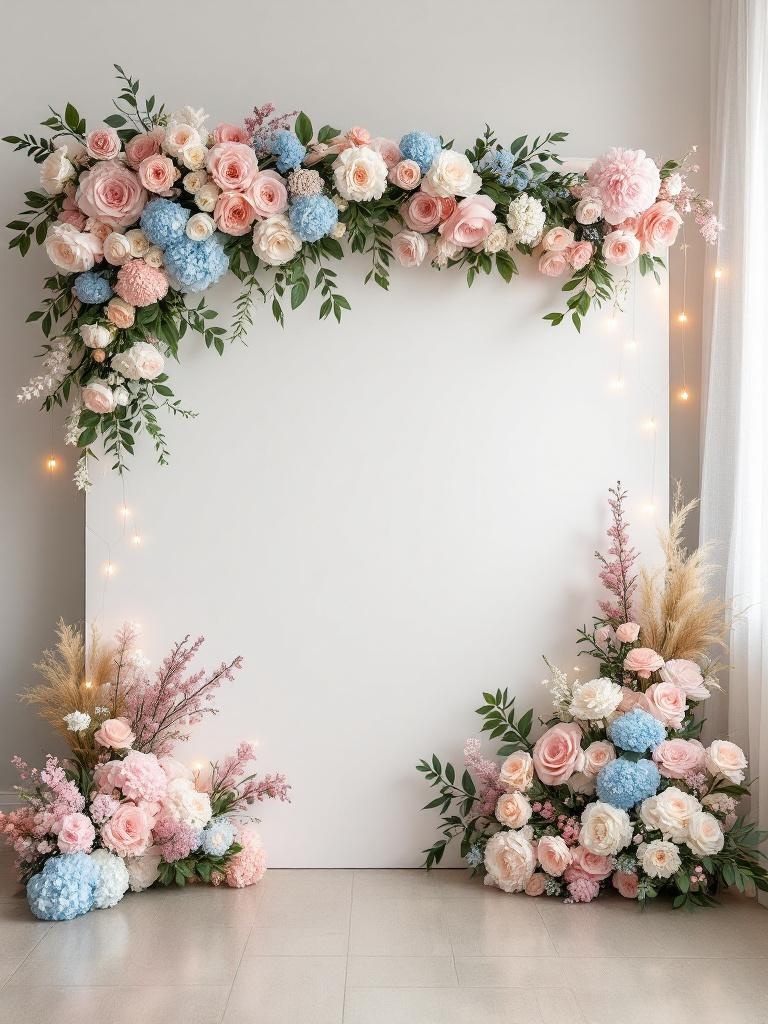 Floral wall backdrop in pink and blue for a gender reveal party, enhancing the festive atmosphere.