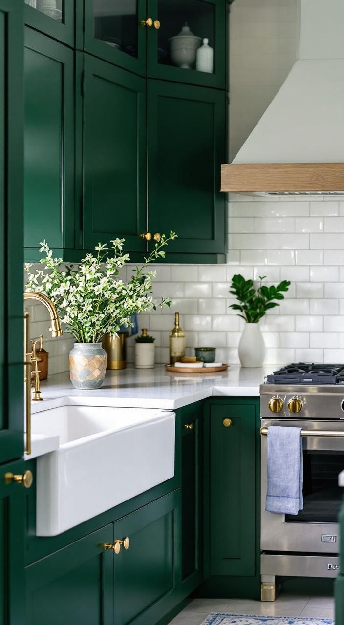 Forest green cabinets with brass fixtures and white countertops create a luxurious kitchen ambiance.