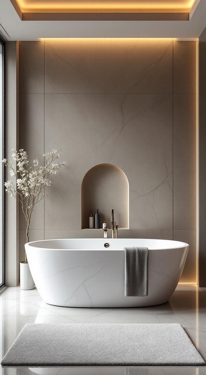 Freestanding bathtub in a luxurious bathroom, inviting for a relaxing spa-like soak with warm water.