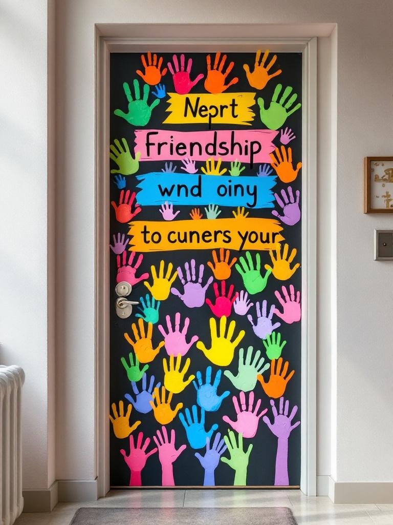 Colorful door decoration with children's handprints, highlighting unity, diversity, and messages of kindness.