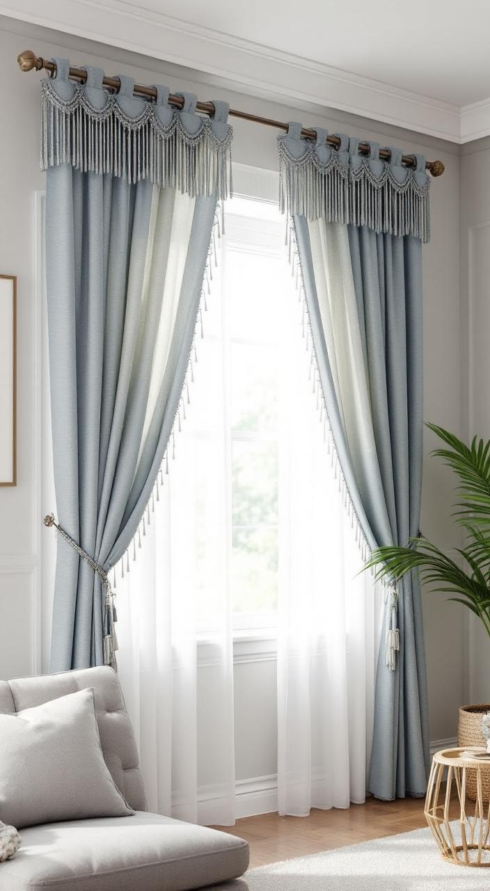 Curtains with decorative fringe trim adding character and personality to a stylish living room decor.