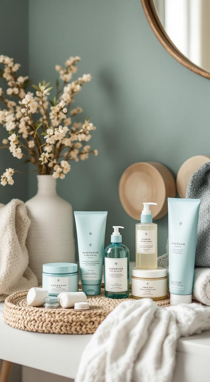 Aesthetic shelf with natural, organic bath products in elegant packaging for a spa-like experience.