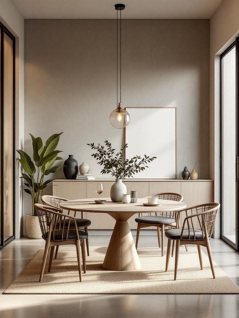 Minimalist dining room with functional decor, including stylish storage, tableware, and unique centerpieces.