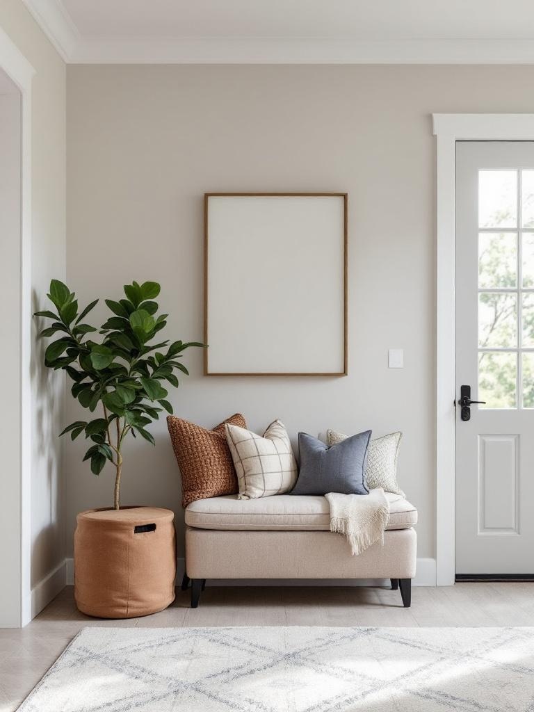 A stylish split-level entryway with functional furniture like a console table and storage ottoman.