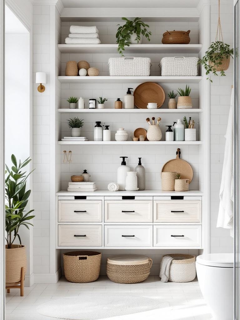 A neatly organized Scandinavian bathroom with built-in storage, natural baskets, and minimalistic decor.