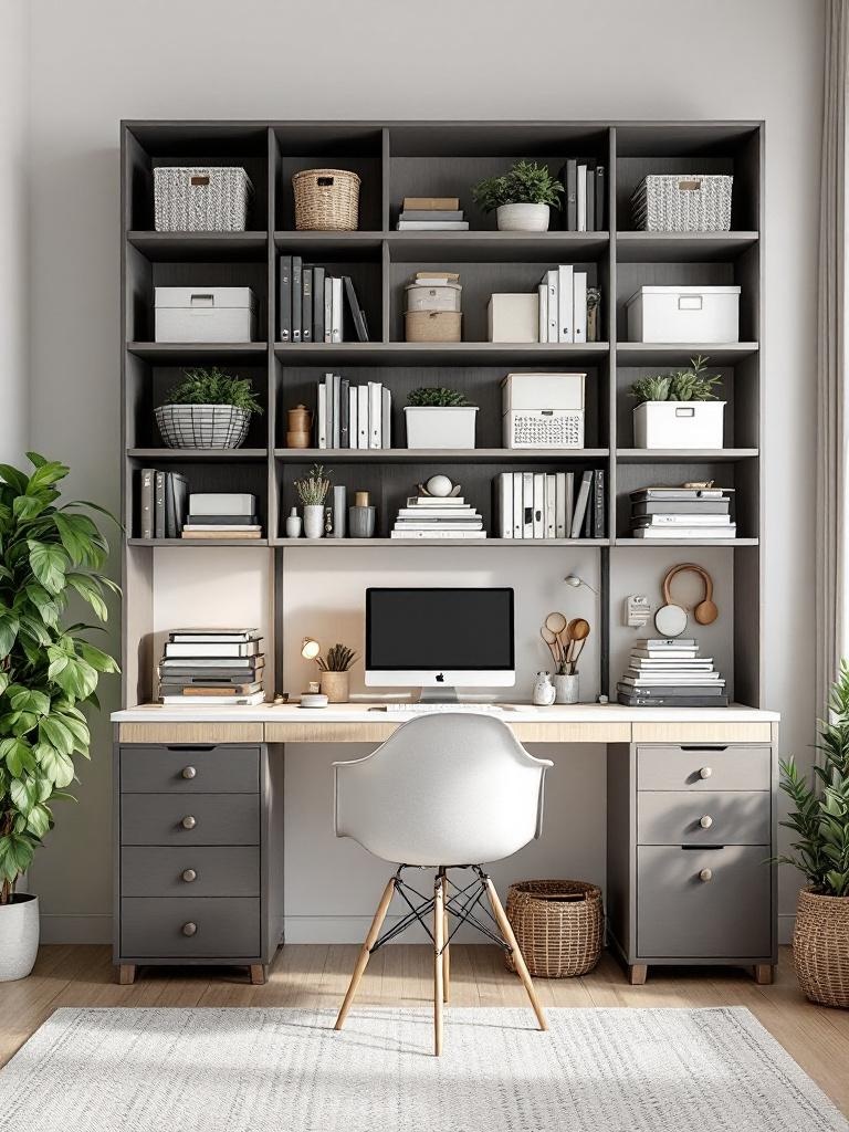 A tidy home office featuring organized shelving, filing cabinets, and stylish storage solutions.