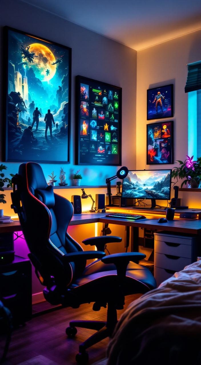 Dorm room transformed for gaming with ergonomic chair, quality desk, LED lights, and game-themed decor.