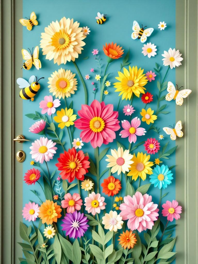 Colorful garden-themed door decoration with paper flowers, buzzing bees, and friendly butterflies.