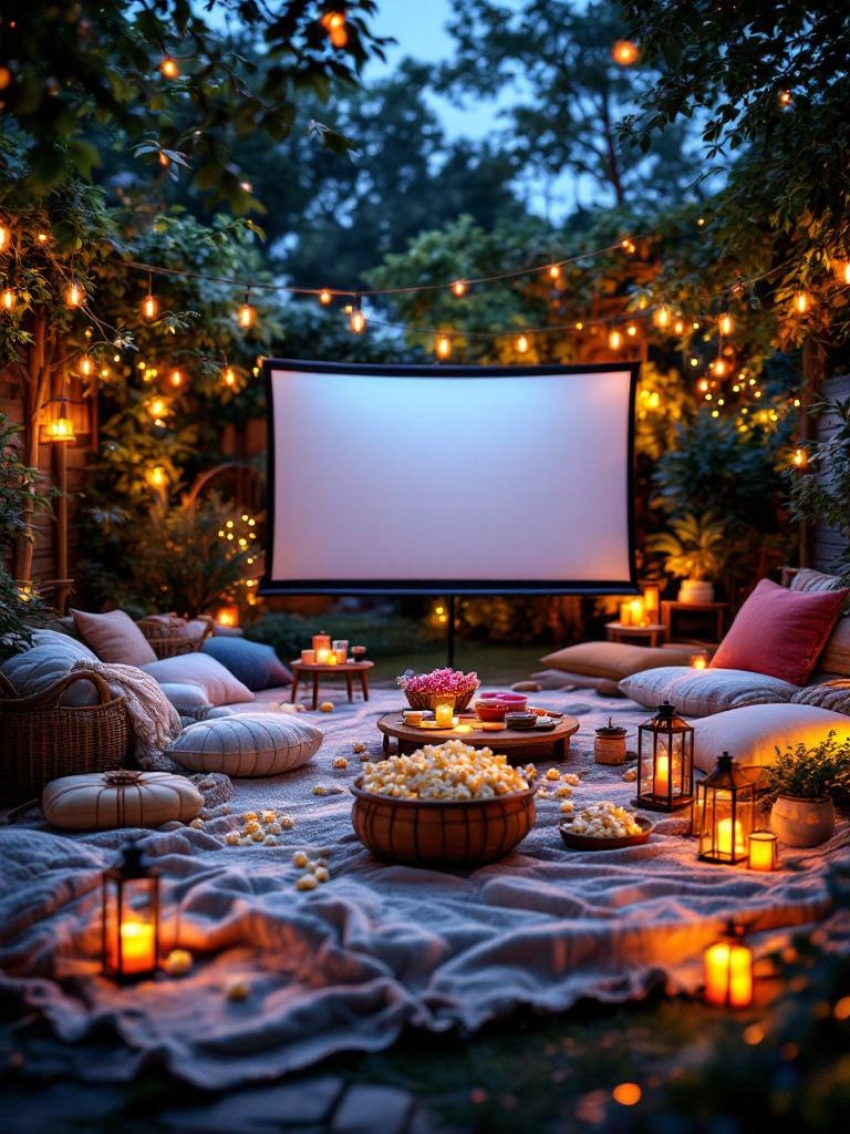 Outdoor movie night setup with blankets, cushions, fairy lights, popcorn, and a projector screen.