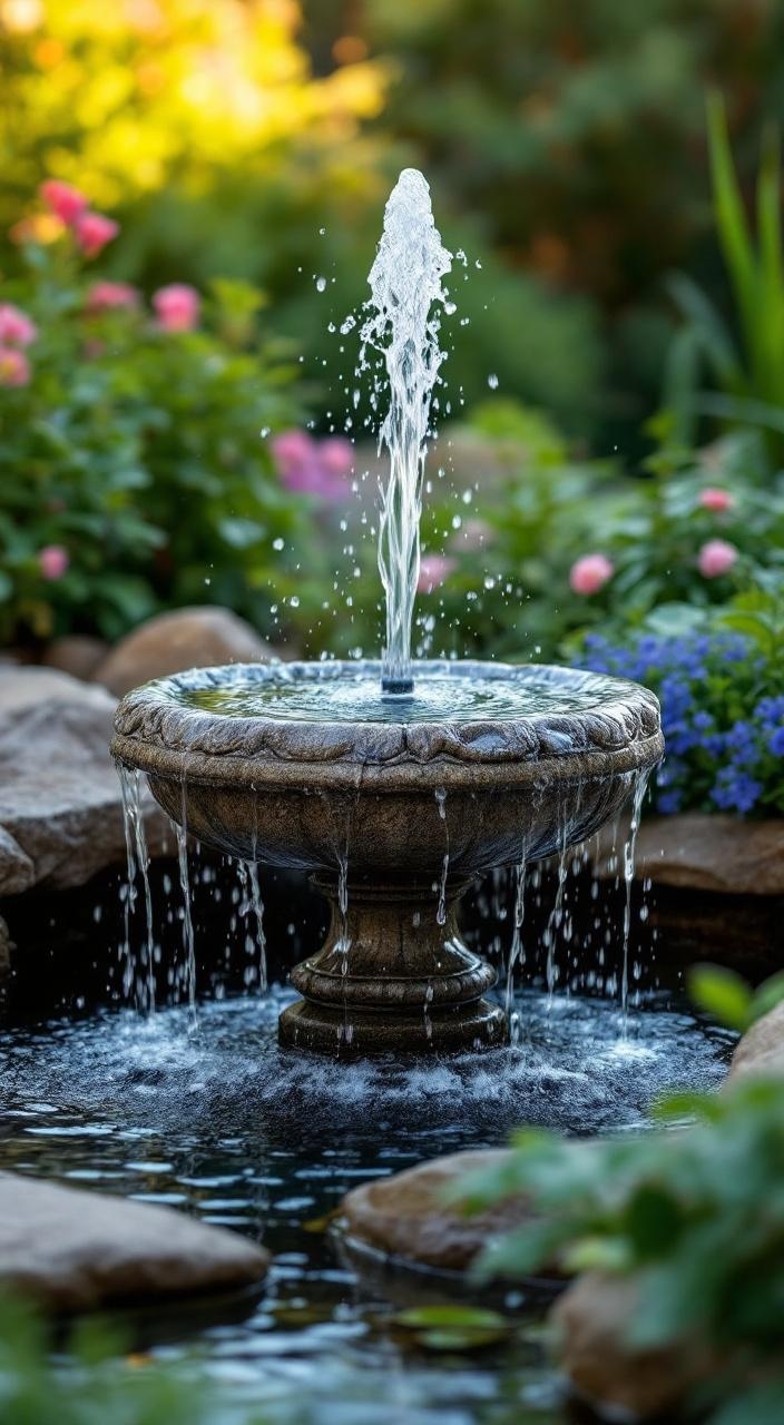 Garden pond with a fountain creating a spray, enhancing beauty and aerating water for wildlife habitat.