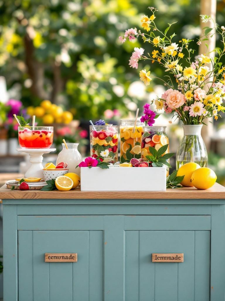 A colorful garnish station with sliced fruits, edible flowers, and flavored ice cubes for lemonade.