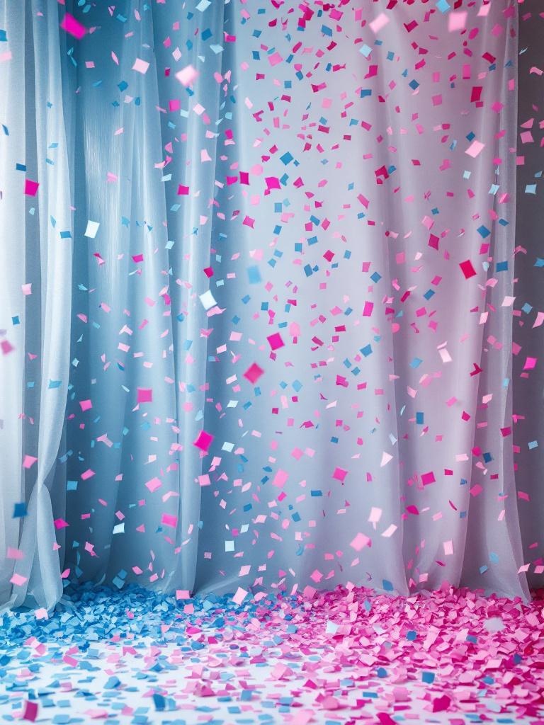 Colorful confetti wall backdrop with blue and pink shades, creating a lively photo spot for celebrations.