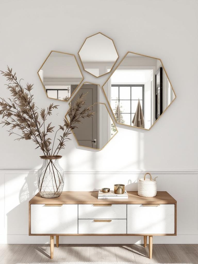 Geometric mirrors in various shapes enhance entryway walls with modern, artistic designs and styles.