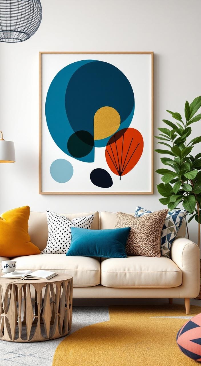 Geometric patterns on textiles and art reflect mid-century modern design’s precision and aesthetic.