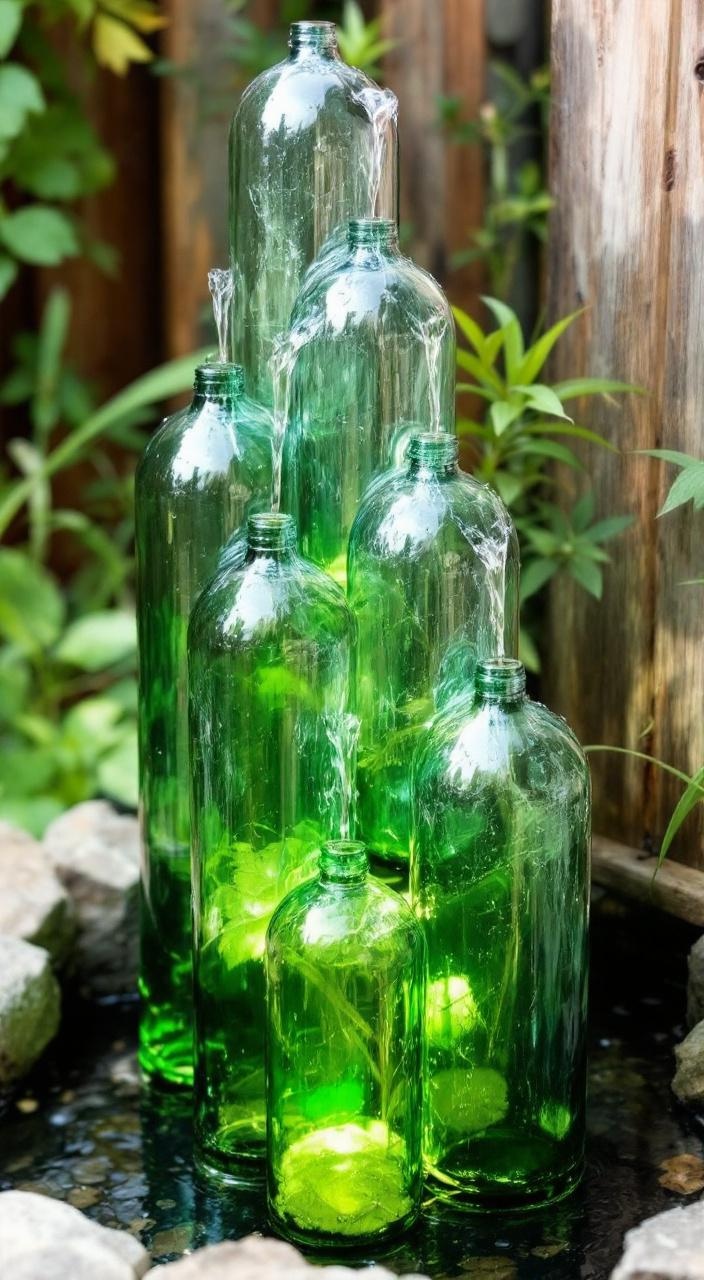 DIY fountain made from glass bottles, showcasing tiered arrangement and flowing water, artistic garden feature.