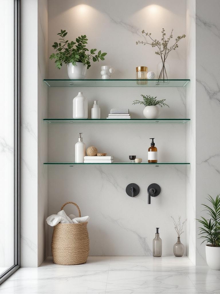 Modern glass floating shelves in a bathroom, enhancing light, space, and minimalist decor with style.