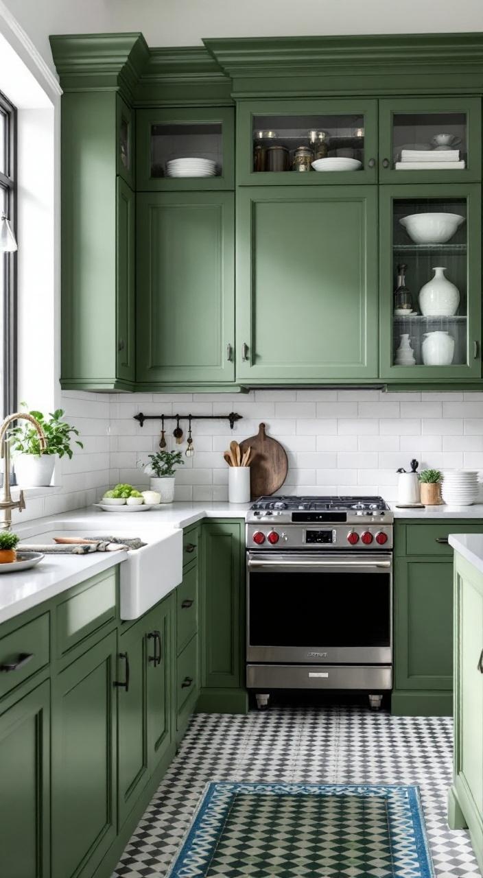 Green and white kitchen with green lower cabinets and white upper features, showcasing a timeless design.