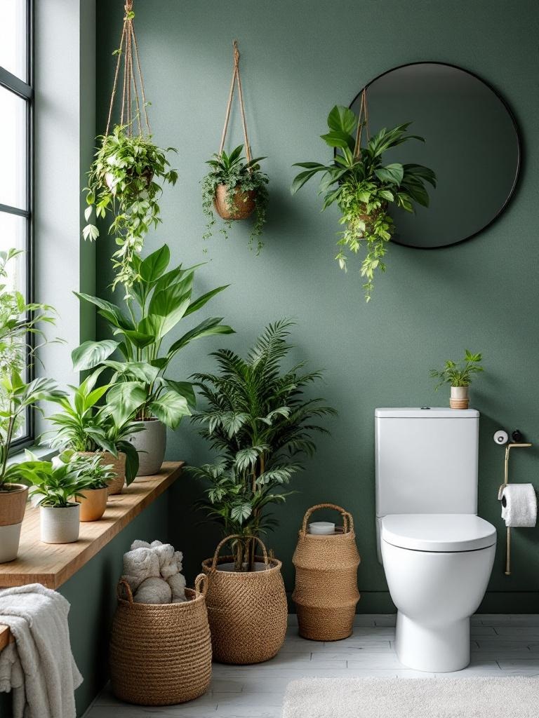 A stylish bathroom with succulents and ferns enhancing the Scandinavian decor and ambiance.