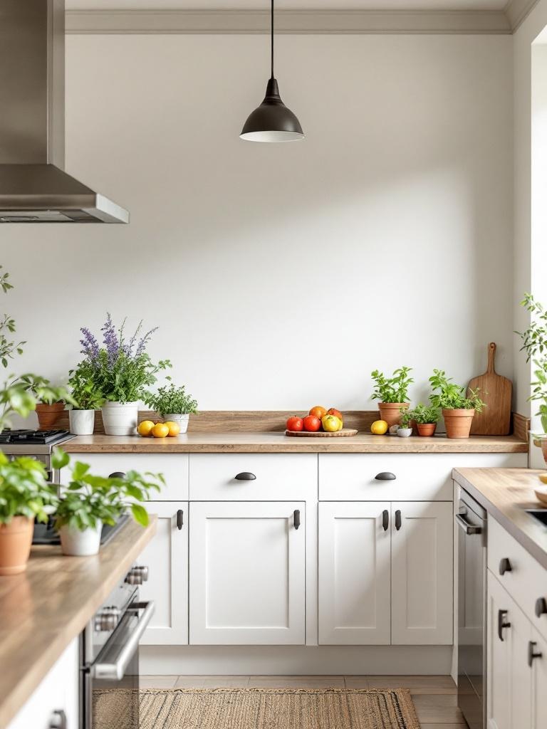 A modern farmhouse kitchen with greenery, potted herbs, and fresh flowers creating a vibrant atmosphere.