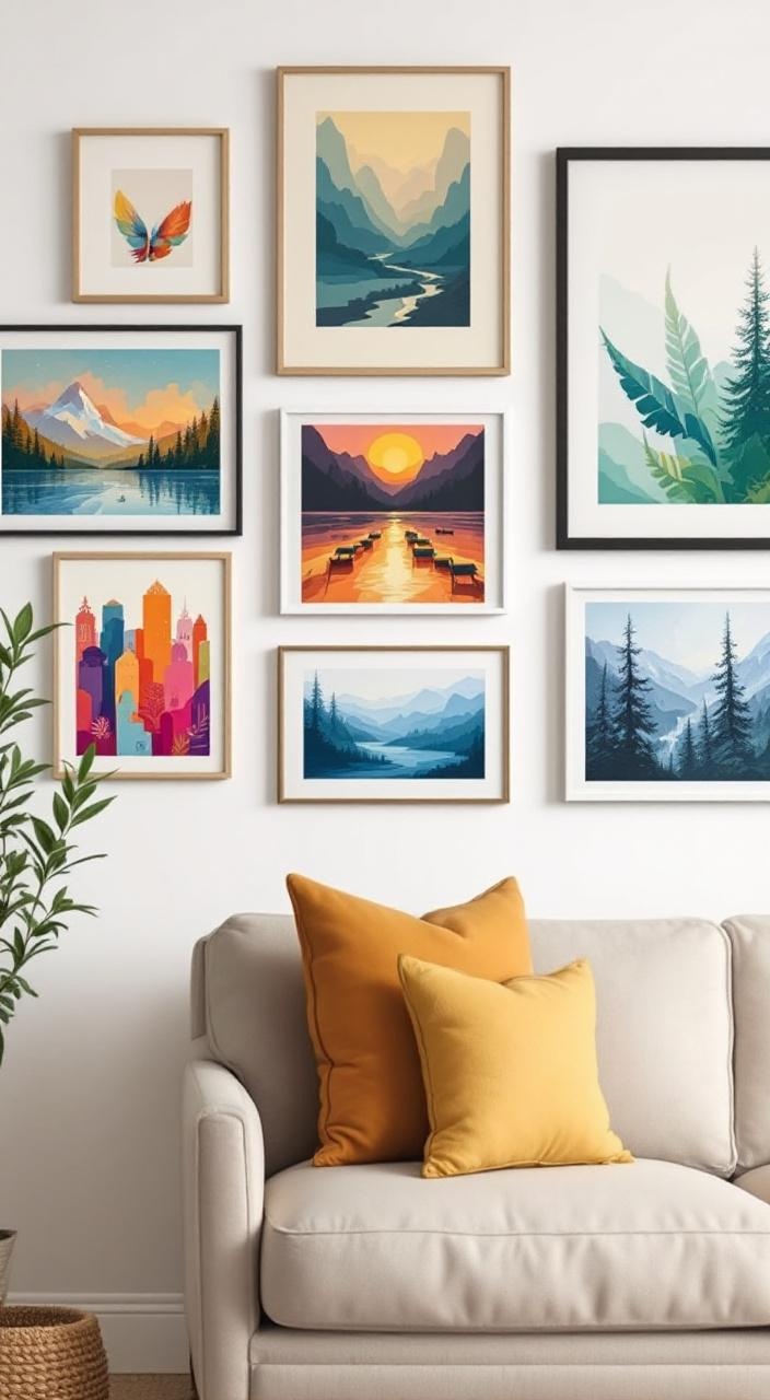 A stylish gallery wall displaying various art pieces in a decorated rental living space.