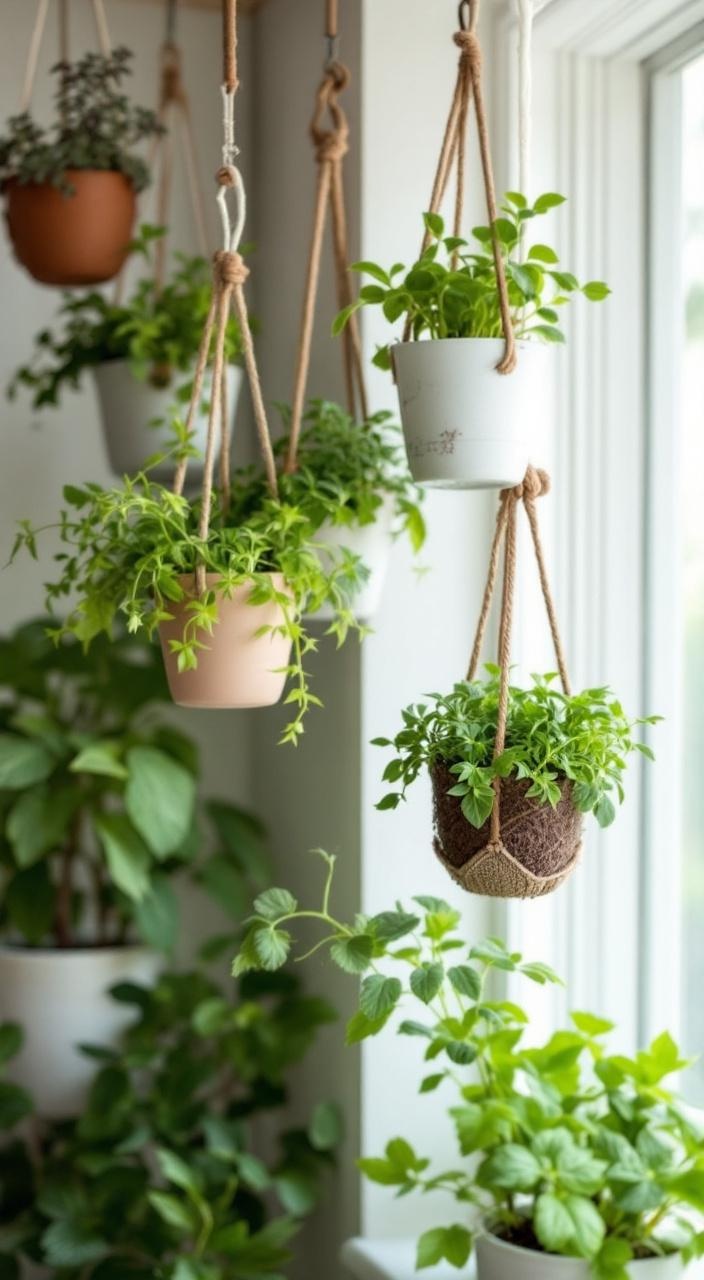 Hanging herb garden with pots suspended from a beam, showcasing greenery in a bright, stylish space.