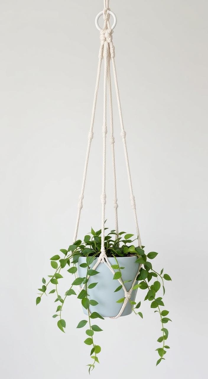 A stylish macrame planter hanging from the ceiling, showcasing plants and saving surface space indoors.