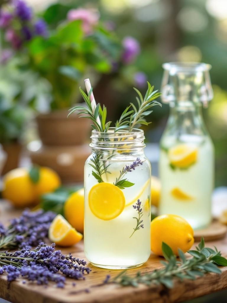 A lemonade bar featuring fresh herbs like basil, rosemary, and lavender for unique flavor infusions.