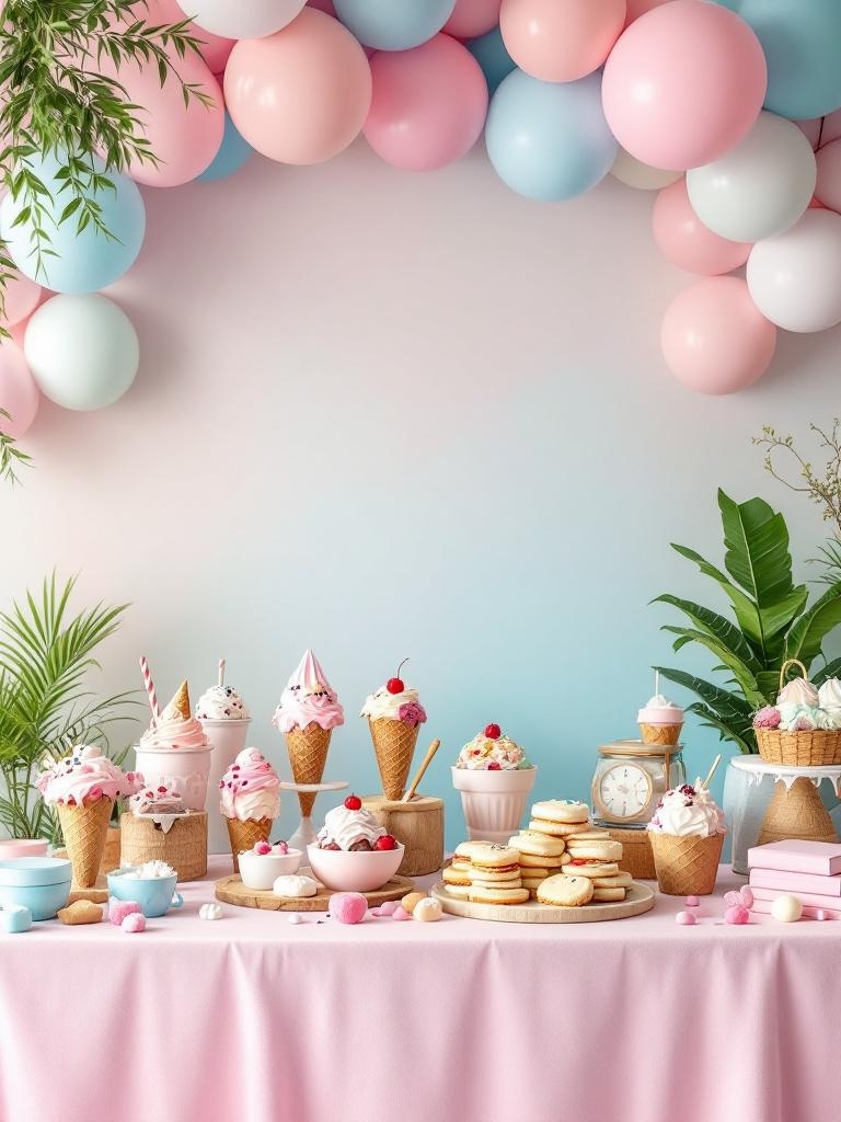 A colorful ice cream social setup with various flavors, toppings, cone decorations, and pastel balloons.